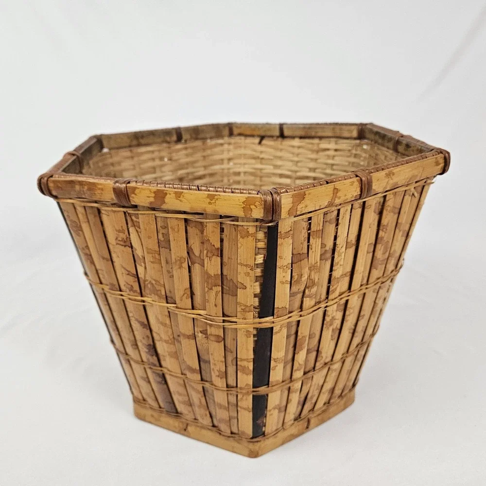 Vintage Tortoiseshell Bamboo Basket Planter Wastepaper Trash Can Boho MCM Rattan